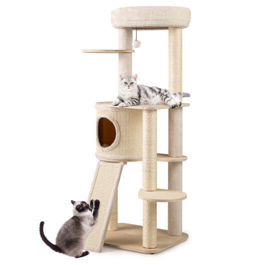 56 Inch Tall Cat Tree with 2 Sisal Scratching Posts and Ladder-NA
