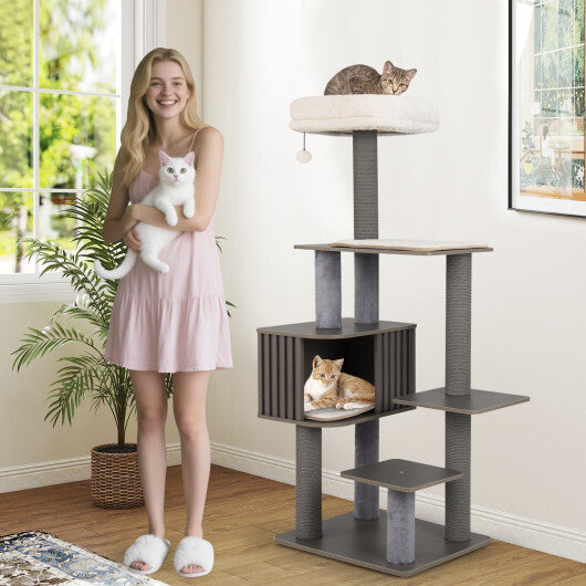 Multi-level Cat Tree for Indoor Cat 59.5 inch Tall Cat Tower with Cushion Top Perch-Gray