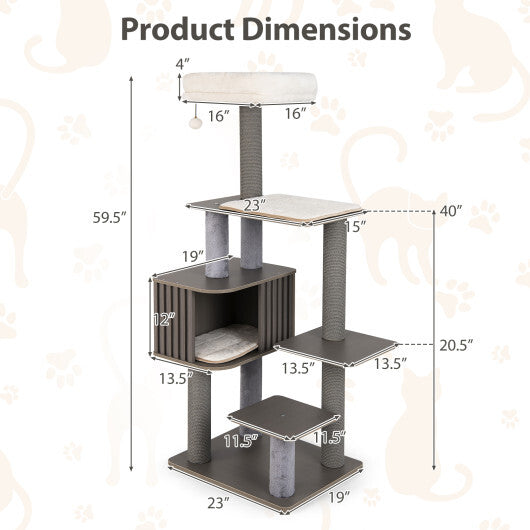 Multi-level Cat Tree for Indoor Cat 59.5 inch Tall Cat Tower with Cushion Top Perch-Gray