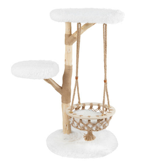 48.5 Inch Solid Wood Cat Tree with Hanging Cradle and Jute Scratching Post-White W2B