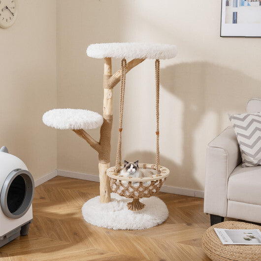 48.5 Inch Solid Wood Cat Tree with Hanging Cradle and Jute Scratching Post-White W2B