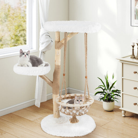 48.5 Inch Solid Wood Cat Tree with Hanging Cradle and Jute Scratching Post-White W2B