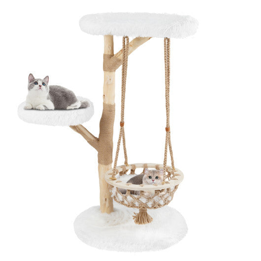 48.5 Inch Solid Wood Cat Tree with Hanging Cradle and Jute Scratching Post-White W2B
