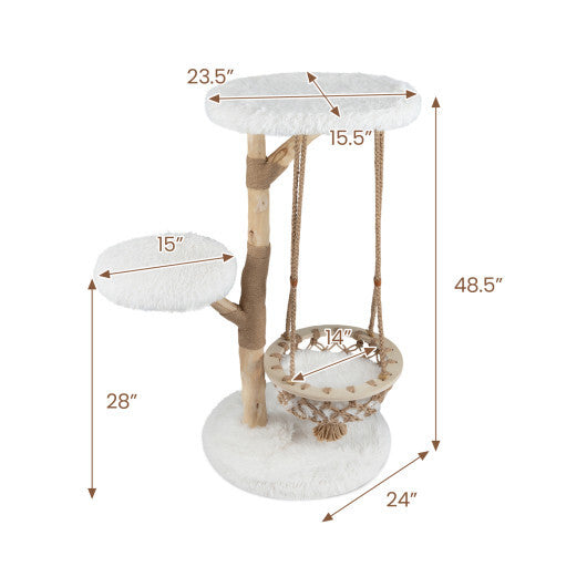 48.5 Inch Solid Wood Cat Tree with Hanging Cradle and Jute Scratching Post-White W2B