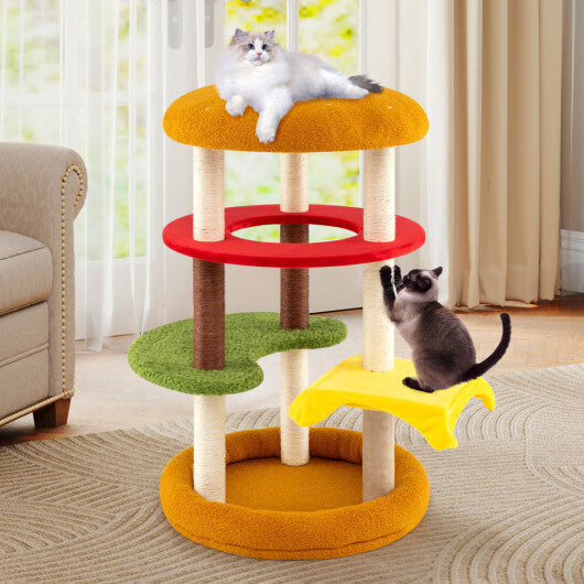 42 Inch Tall Modern Cat Tree Multi-Level with Padded Perch and Cat Bed-Yellow W2B