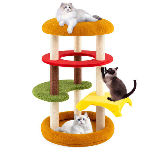 42 Inch Tall Modern Cat Tree Multi-Level with Padded Perch and Cat Bed-Yellow W2B
