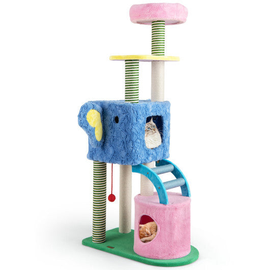 Elephant Themed Cat Tree for Adult Cats Multi-level Kitty Tower with 2 Condos-Blue W2B