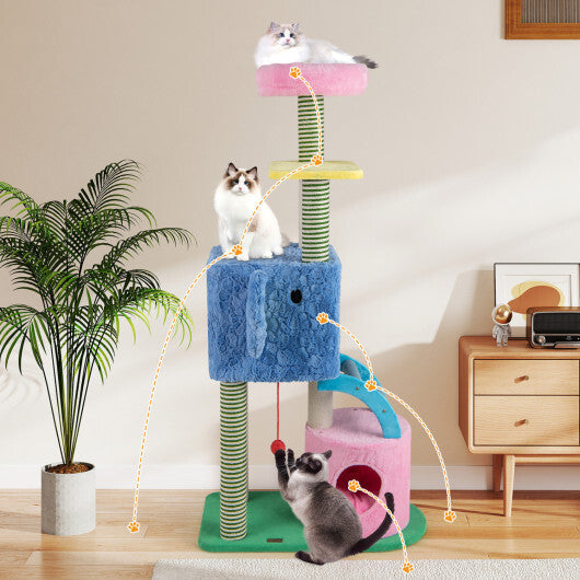 Elephant Themed Cat Tree for Adult Cats Multi-level Kitty Tower with 2 Condos-Blue W2B