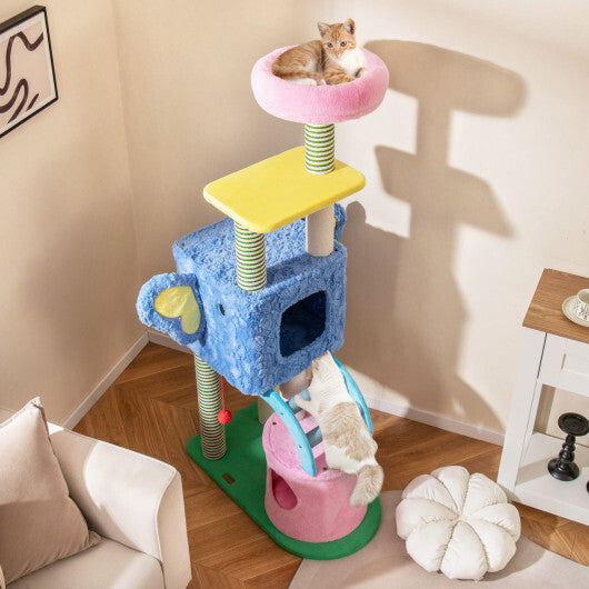 Elephant Themed Cat Tree for Adult Cats Multi-level Kitty Tower with 2 Condos-Blue W2B