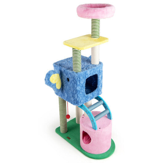 Elephant Themed Cat Tree for Adult Cats Multi-level Kitty Tower with 2 Condos-Blue W2B