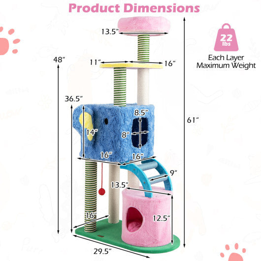 Elephant Themed Cat Tree for Adult Cats Multi-level Kitty Tower with 2 Condos-Blue W2B