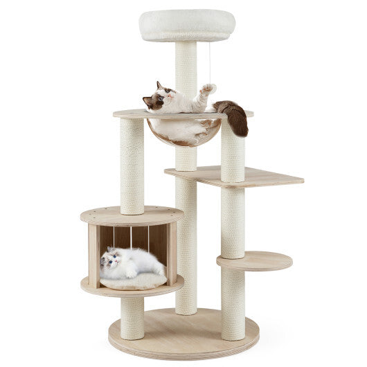 52 Inches Tall Wooden Cat Tree with Washable Plush Cushions and Multi-Level Climbing Stand