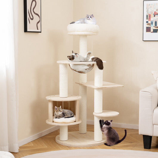 52 Inches Tall Wooden Cat Tree with Washable Plush Cushions and Multi-Level Climbing Stand W2B