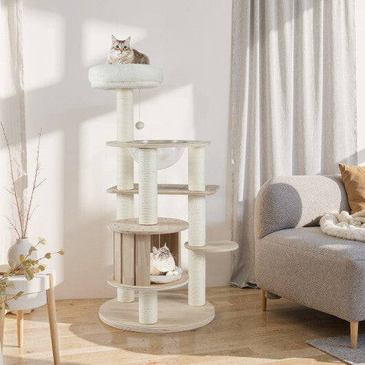 52 Inches Tall Wooden Cat Tree with Washable Plush Cushions and Multi-Level Climbing Stand W2B