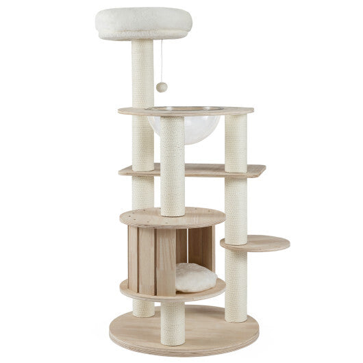 52 Inches Tall Wooden Cat Tree with Washable Plush Cushions and Multi-Level Climbing Stand W2B
