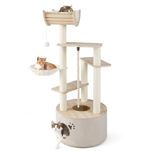 55.5 Inches Tall Wooden Cat Tree with Washable Plush Cushions for Indoor Cats