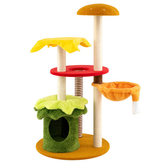 46 Inch Tall Cat Tree Multi-Level with Padded Perch and Hanging Basket Bed-Yellow W2B