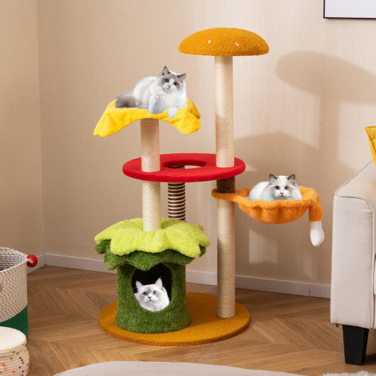 46 Inch Tall Cat Tree Multi-Level with Padded Perch and Hanging Basket Bed-Yellow W2B