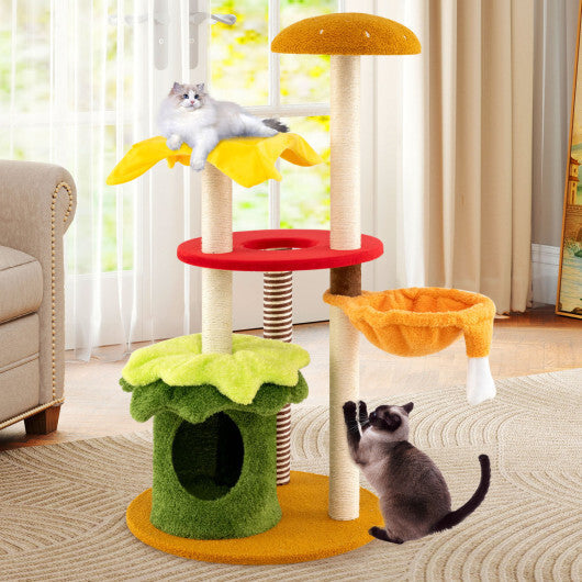 46 Inch Tall Cat Tree Multi-Level with Padded Perch and Hanging Basket Bed-Yellow W2B