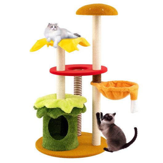 46 Inch Tall Cat Tree Multi-Level with Padded Perch and Hanging Basket Bed-Yellow W2B