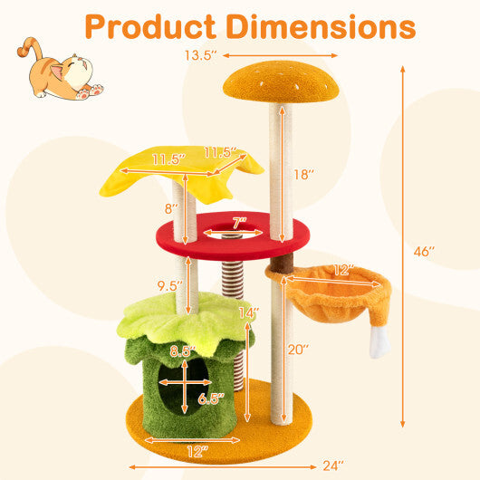 46 Inch Tall Cat Tree Multi-Level with Padded Perch and Hanging Basket Bed-Yellow W2B