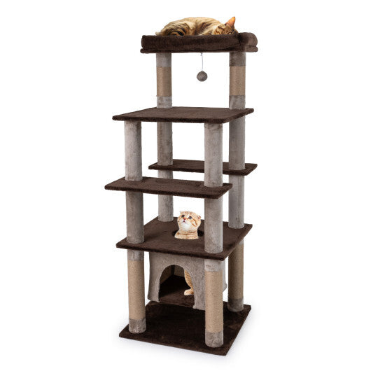 58 Inch Large Multi-level Cat Tree with Swaying Aerial Condo and Plush Perch Bed-Brown W2B
