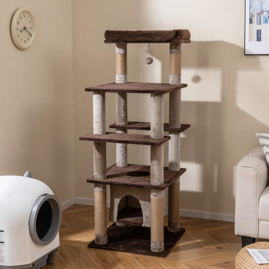 58 Inch Large Multi-level Cat Tree with Swaying Aerial Condo and Plush Perch Bed-Brown W2B