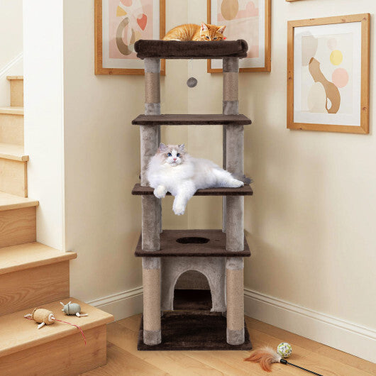 58 Inch Large Multi-level Cat Tree with Swaying Aerial Condo and Plush Perch Bed-Brown W2B
