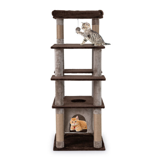 58 Inch Large Multi-level Cat Tree with Swaying Aerial Condo and Plush Perch Bed-Brown W2B