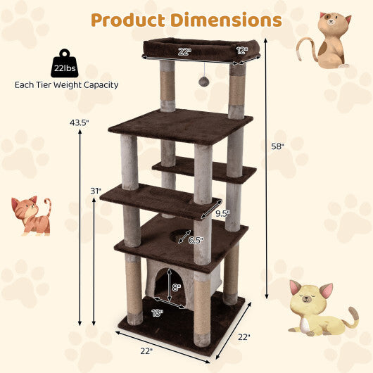 58 Inch Large Multi-level Cat Tree with Swaying Aerial Condo and Plush Perch Bed-Brown W2B