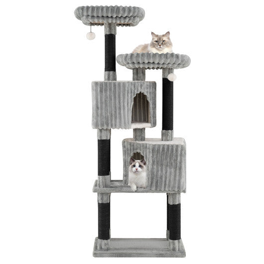 62 Inch Tall Cat Tower with Scratching Posts and Soft Flannel Covering-Light Gray