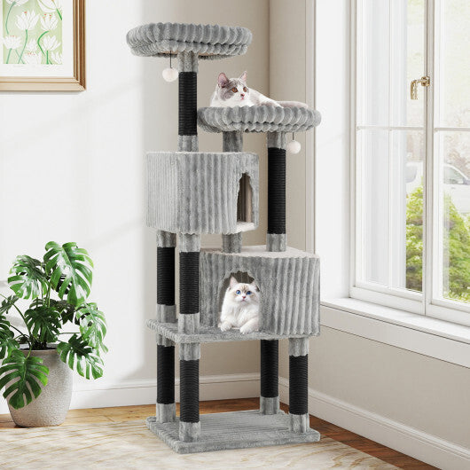 62 Inch Tall Cat Tower with Scratching Posts and Soft Flannel Covering-Light Gray