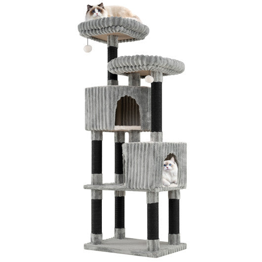 62 Inch Tall Cat Tower with Scratching Posts and Soft Flannel Covering-Light Gray