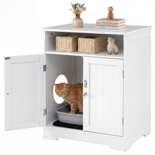 Cat Litter Box Enclosure Wooden Hidden Pet Washroom Furniture-White W2B