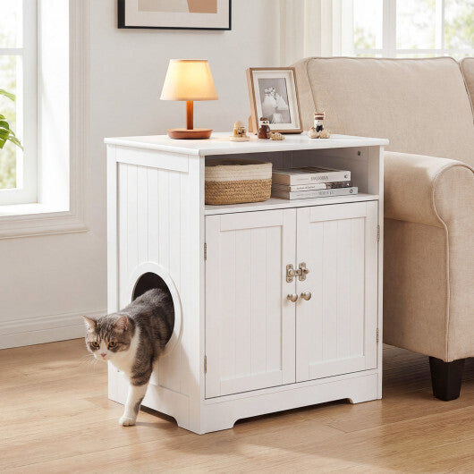 Cat Litter Box Enclosure Wooden Hidden Pet Washroom Furniture-White W2B