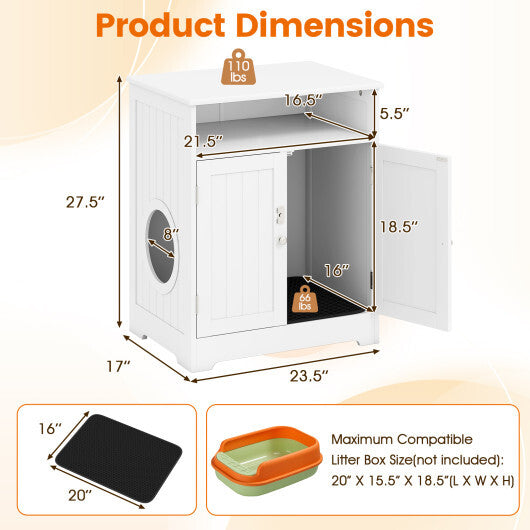 Cat Litter Box Enclosure Wooden Hidden Pet Washroom Furniture-White W2B
