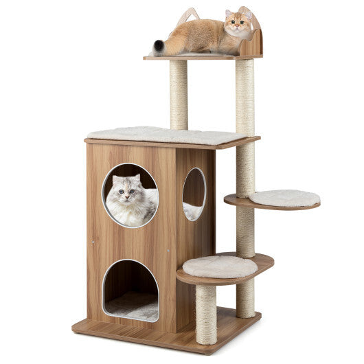 48 Inch Wooden Cat Tree with 2-Floor Condo and Washable Cushions-Natural