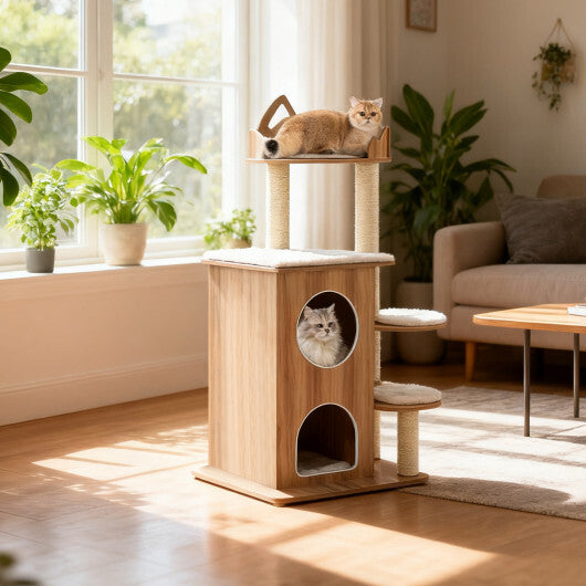 48 Inch Wooden Cat Tree with 2-Floor Condo and Washable Cushions-Natural