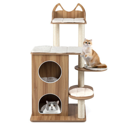 48 Inch Wooden Cat Tree with 2-Floor Condo and Washable Cushions-Natural