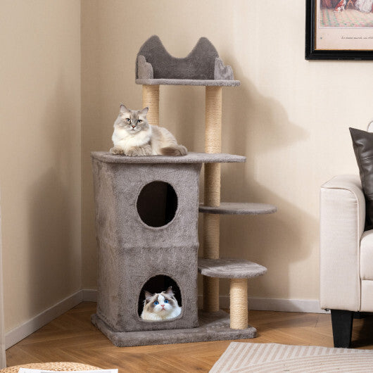 48.5 inch Cat Tree with 2-story Condo and 3 Hideaway Caves for Large Cats-Gray W2B