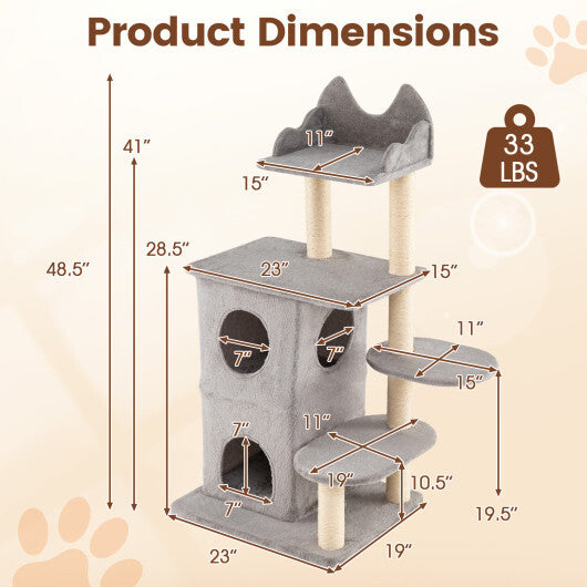 48.5 inch Cat Tree with 2-story Condo and 3 Hideaway Caves for Large Cats-Gray W2B