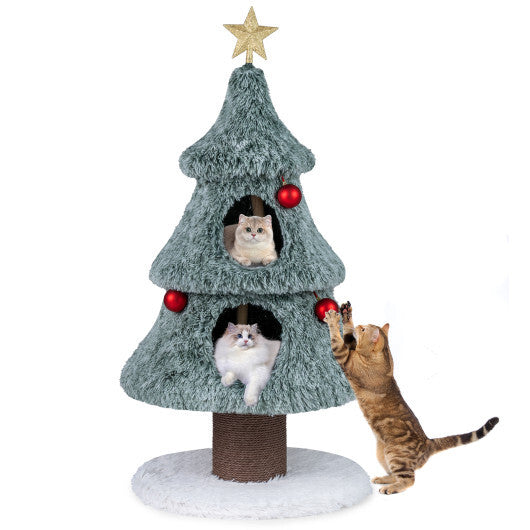Christmas Cat Tree for Indoor Cats 48.5 inch Cute Cat Tower with 2 Large Condos Scratching Post-Green W2B