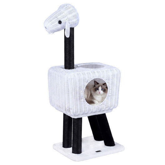 43-Inch Lamb-Shaped Cat Tower with 2-Door Rattan Condo for Indoor Kittens-White W2B