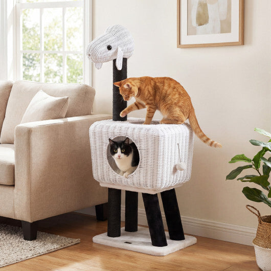 43-Inch Lamb-Shaped Cat Tower with 2-Door Rattan Condo for Indoor Kittens-White W2B