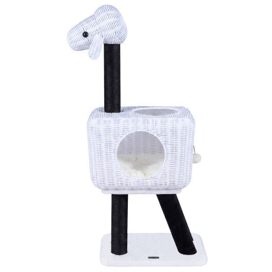 43-Inch Lamb-Shaped Cat Tower with 2-Door Rattan Condo for Indoor Kittens-White W2B