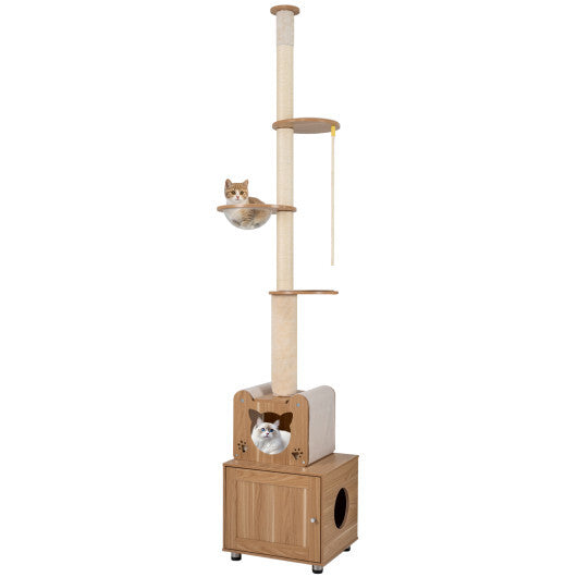 101 Inch Floor to Ceiling Cat Tree Height Adjustable with Litter Box Enclosure-Brown