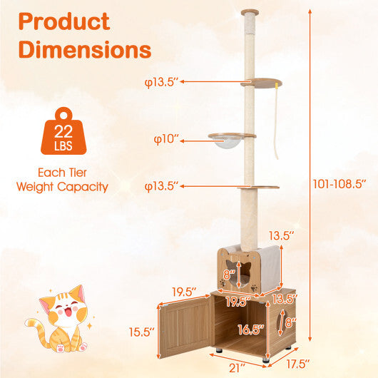 101 Inch Floor to Ceiling Cat Tree Height Adjustable with Litter Box Enclosure-Brown