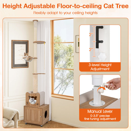 101 Inch Floor to Ceiling Cat Tree Height Adjustable with Litter Box Enclosure-Brown