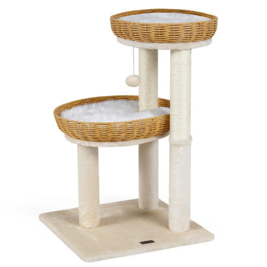 30-Inch Cat Tower with 2 Rattan Cat Baskets for Indoor Kittens-Beige W2B