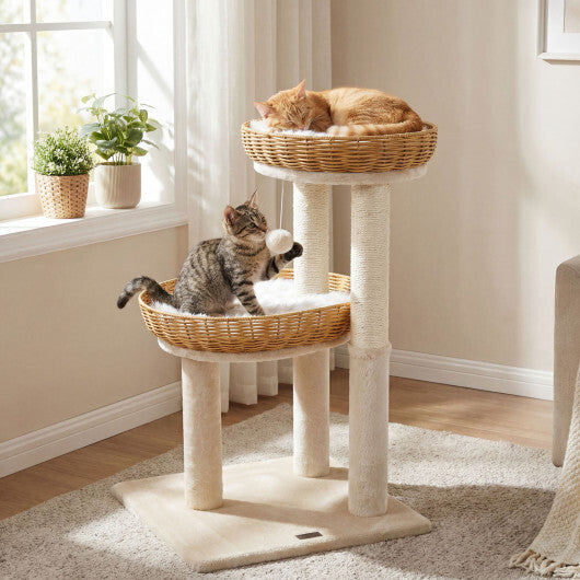 30-Inch Cat Tower with 2 Rattan Cat Baskets for Indoor Kittens-Beige W2B